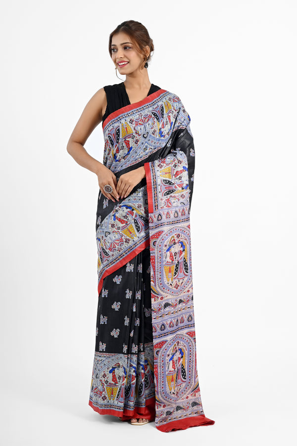Artistic Black Ghicha Silk Saree with Madhubani Digital Print