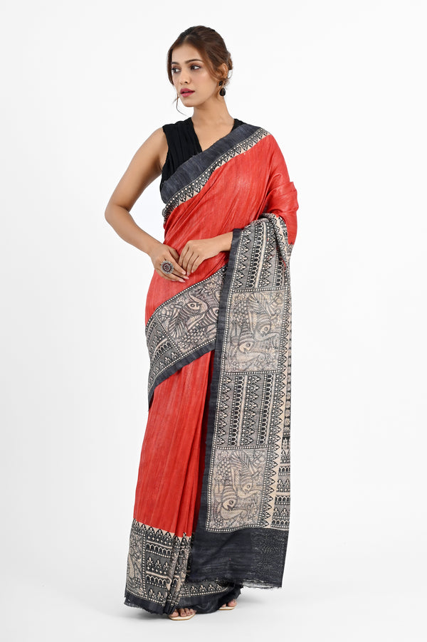 Striking Red Ghicha Silk Saree with Monochrome Madhubani Print