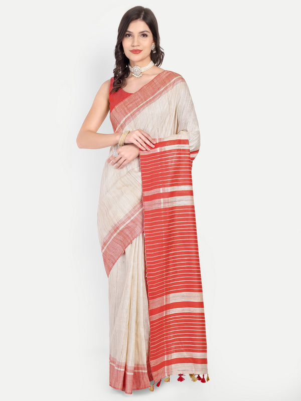 Classic Red & Off-White Striped Ghicha Silk Saree
