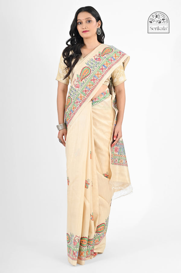 Cream Muga Silk Saree with Hand-Painted Madhubani Art | Luxurious Handloom Saree - Serikala