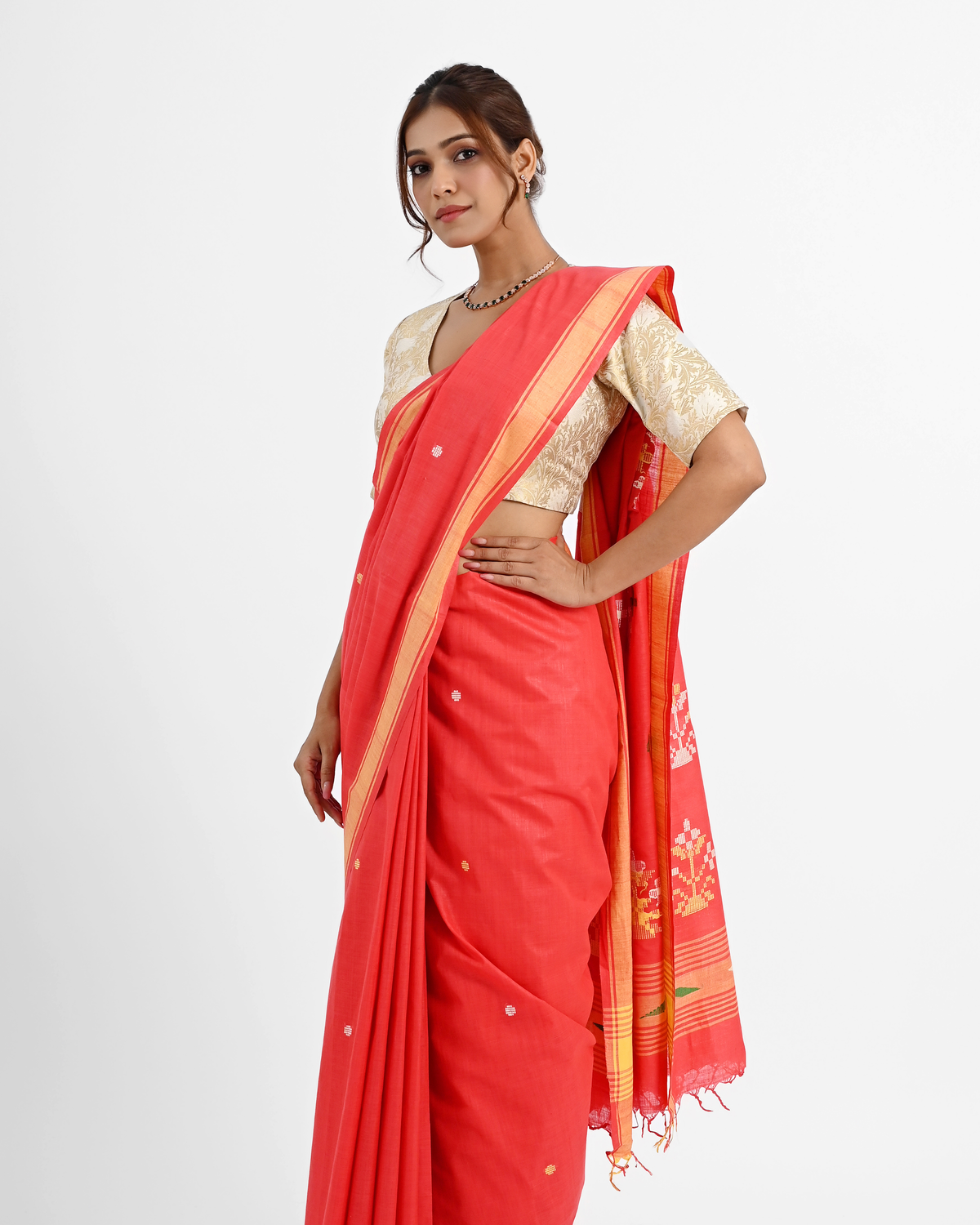 RED COTTON SAREE WITH BAWAN BUTA PALLU