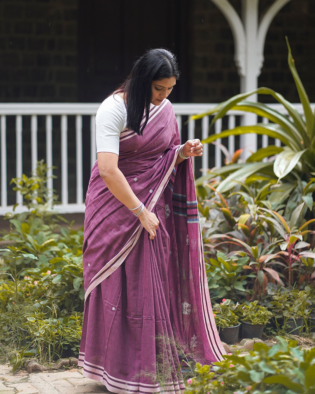 PLUM PINK COTTON SAREE WITH BAWAN BUTA WORK