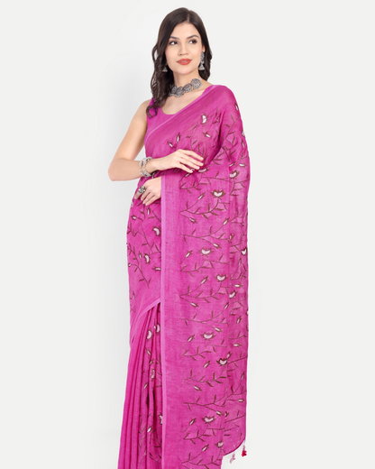 RANI PINK FLORAL LINEN SAREE