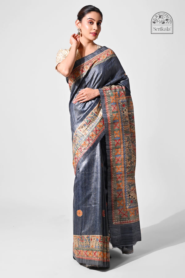 Charcoal Grey Ghicha Silk Saree with Hand-Painted Madhubani Art | Handloom Indian Saree