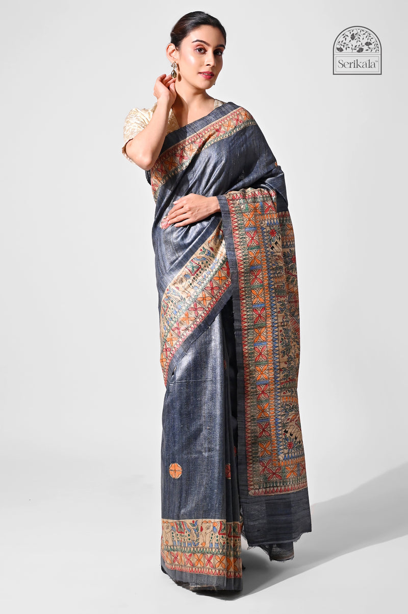 Charcoal Grey Ghicha Silk Saree with Hand-Painted Madhubani Art | Handloom Indian Saree