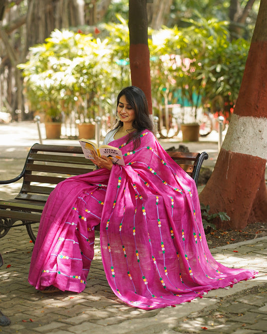 RANI PINK EMBROIDERED LINEN SAREE
