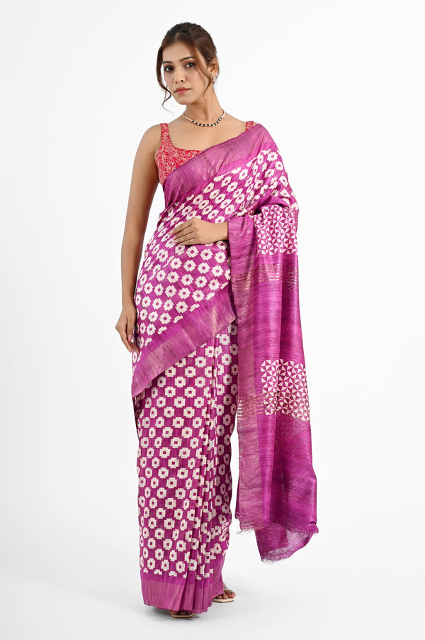 Vibrant Pink Ghicha Silk Saree with Geometric Screen Print