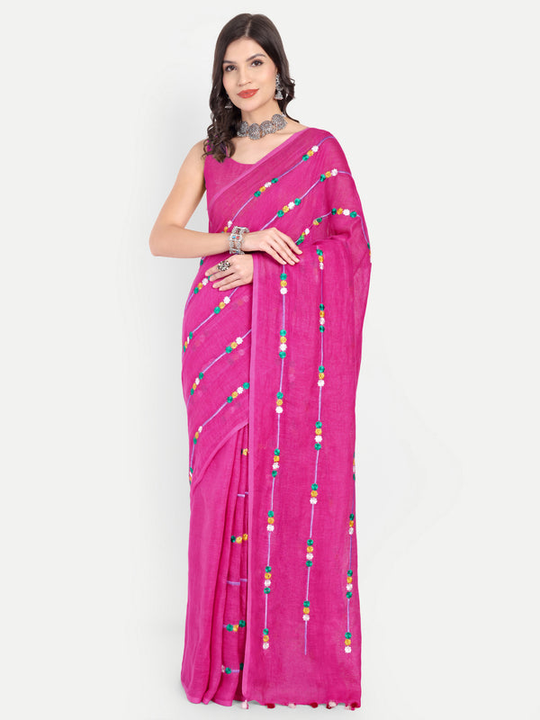 Vibrant Rani Pink Linen Saree with Colorful Embroidery