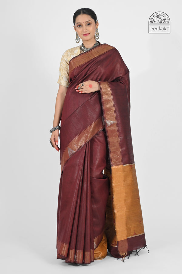 Rich Maroon Dupion Silk Saree with Golden Pallu | Handloom Indian Saree