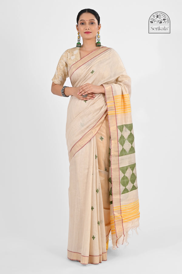Exquisite Off-White Muga Silk Saree with Geometric Weave | Handloom Indian Saree