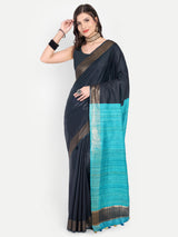 Elegant Charcoal Grey & Turquoise Blue Silk Saree