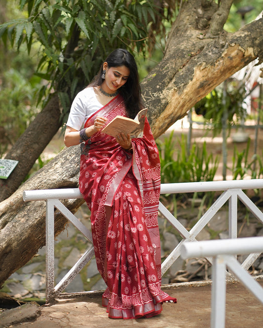 MAROON BLOCK PRINT COTTON SAREE