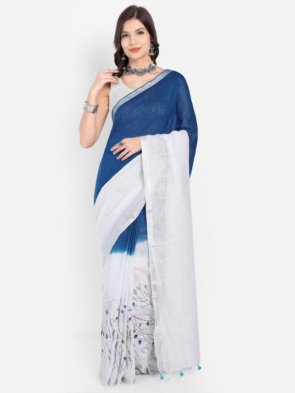 Elegant Indigo & White Dual-Tone Linen Saree with Floral Hand Embroidery