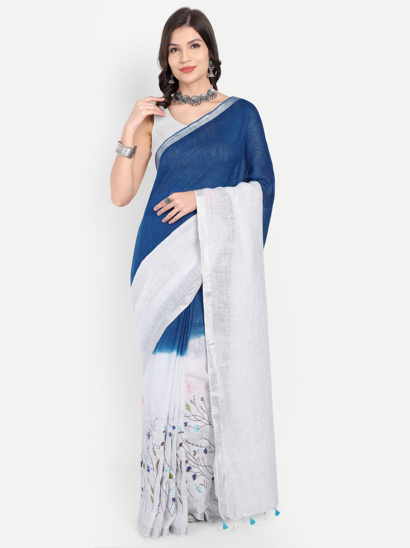 Elegant Indigo & White Dual-Tone Linen Saree with Floral Hand Embroidery