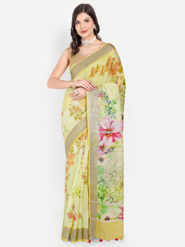Sunny Yellow Floral Digital Print Linen Saree