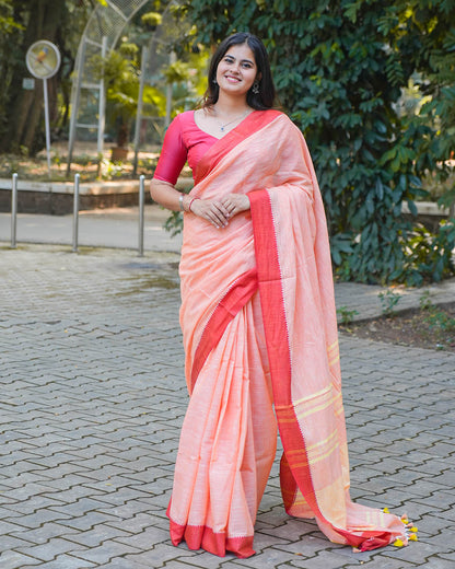 PEACH & RED COTTON SLUB SAREE