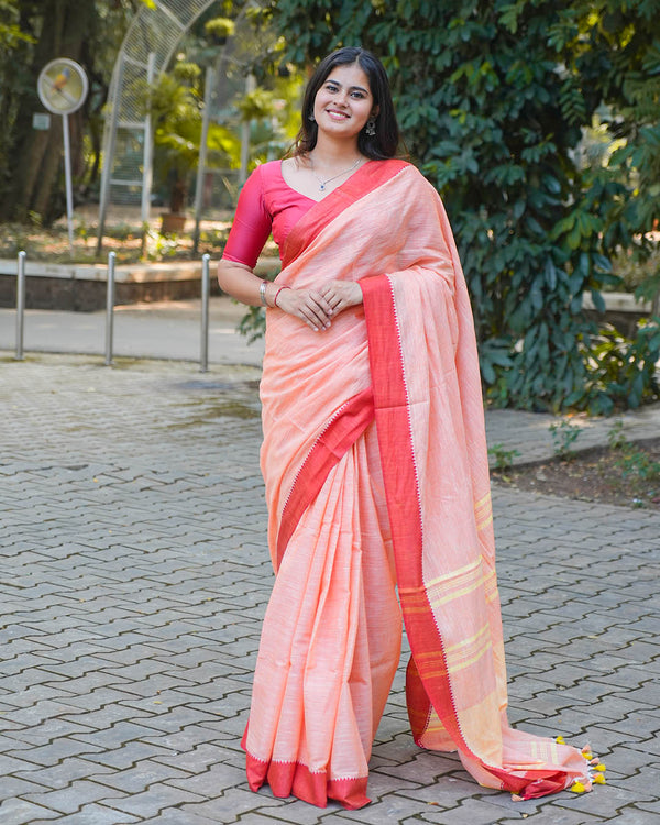 PEACH & RED COTTON SLUB SAREE