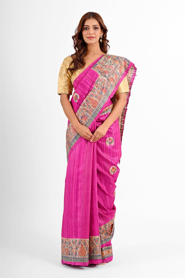 Gorgeous Pink Ghicha Silk Saree with Hand - painted Madhubani Art