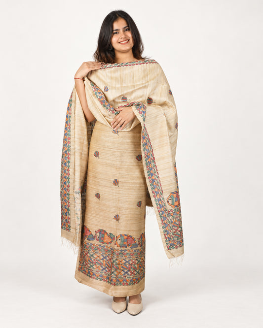 GHICHA SILK MADHUBANI PAINTED SUIT SET