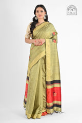 Elegant Olive Green Dupion Silk Saree with Red & Black Accents | Handloom Saree