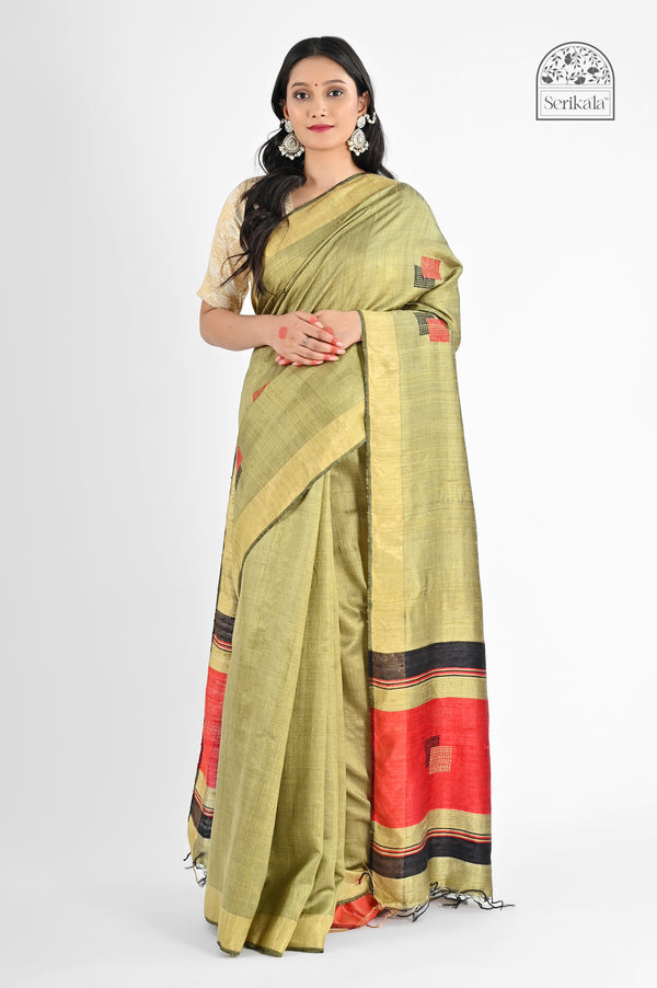 Elegant Olive Green Dupion Silk Saree with Red & Black Accents | Handloom Saree