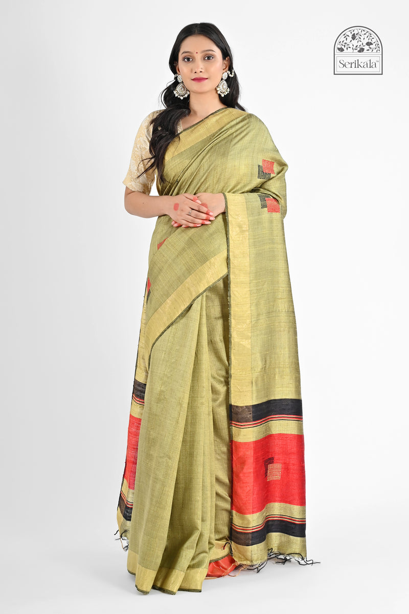 Elegant Olive Green Dupion Silk Saree with Red & Black Accents | Handloom Saree