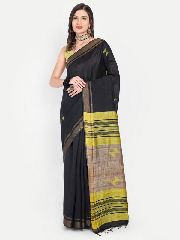 Contemporary Black & Yellow Eri Silk Saree with Woven Motifs