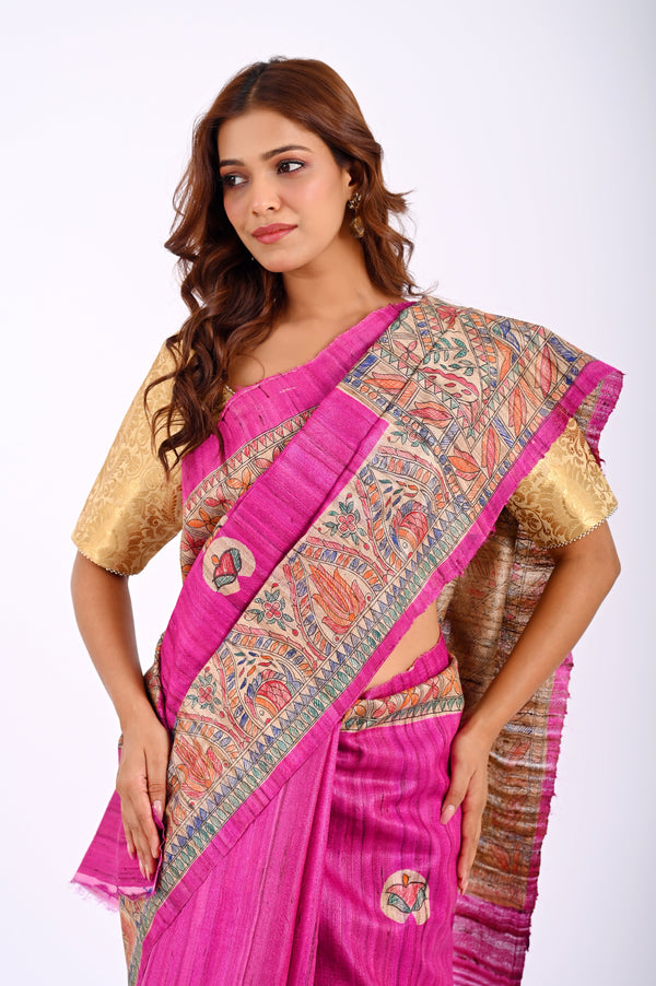 Gorgeous Pink Ghicha Silk Saree with Hand - painted Madhubani Art
