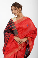 Bold Red Dupion Silk Saree with Black & Blue Striped Aanchal