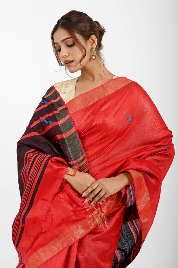 Bold Red Dupion Silk Saree with Black & Blue Striped Aanchal