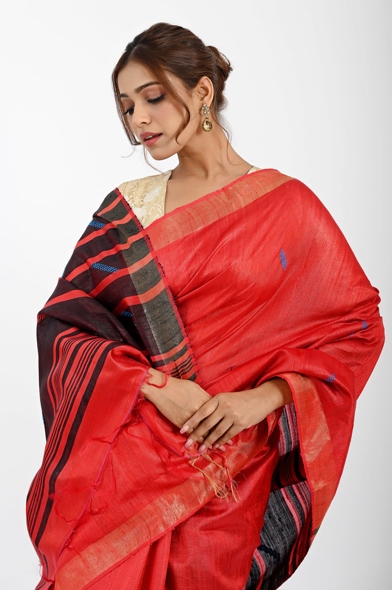 Bold Red Dupion Silk Saree with Black & Blue Striped Aanchal
