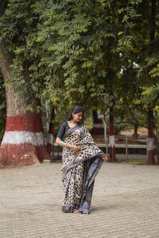 BEIGE BLACK GHICHA SILK SAREE