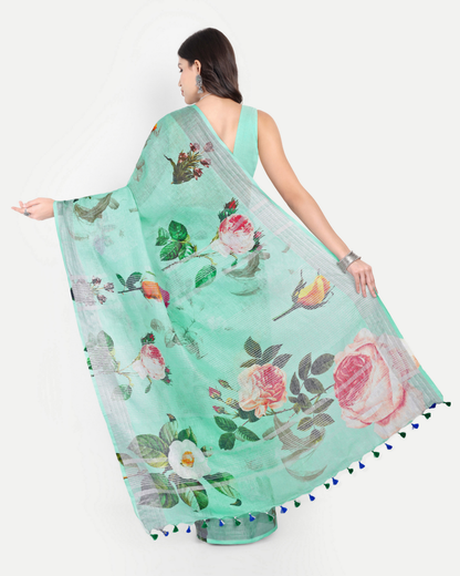 SEA GREEN FLORAL LINEN SAREE