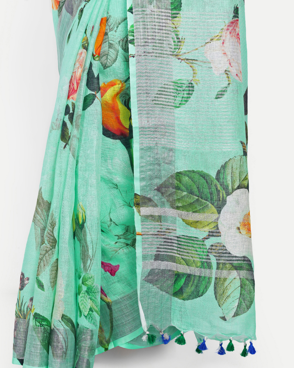 SEA GREEN FLORAL LINEN SAREE