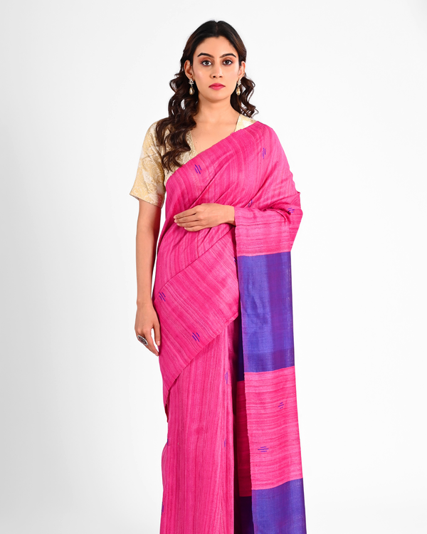 MAGENTA GHICHA SILK SAREE WITH VIOLET BORDER