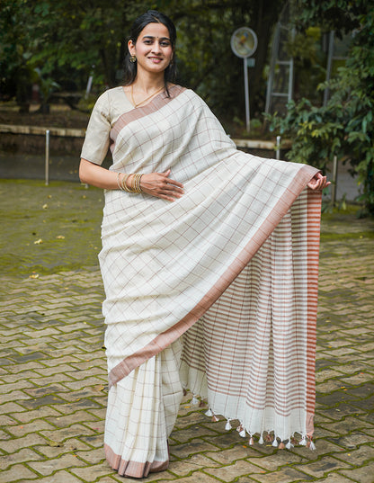 OFF-WHITE & BEIGE HANDWOVEN COTTON CHECKS SAREE