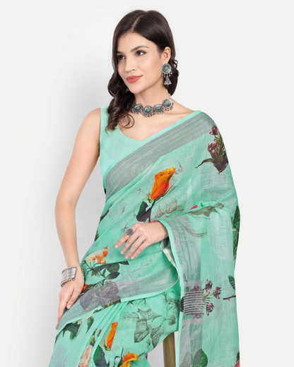 SEA GREEN FLORAL LINEN SAREE