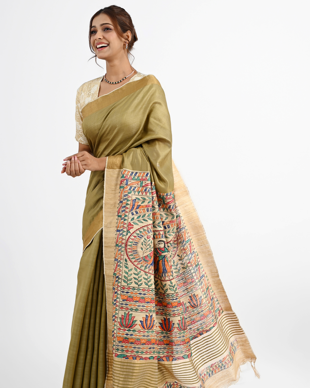 OLIVE ERI SILK SAREE WITH MADHUBANI ART