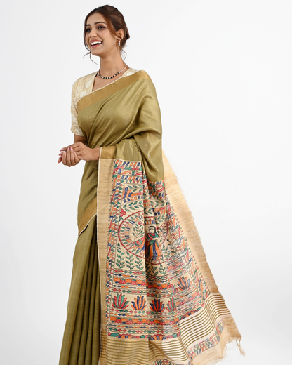 OLIVE ERI SILK SAREE WITH MADHUBANI ART