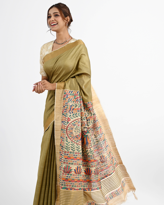 OLIVE ERI SILK SAREE WITH MADHUBANI ART