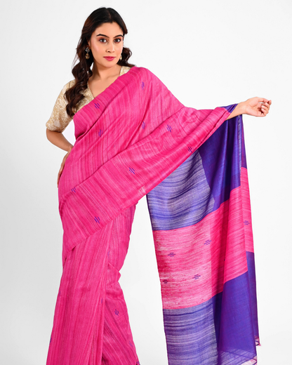 MAGENTA GHICHA SILK SAREE WITH VIOLET BORDER