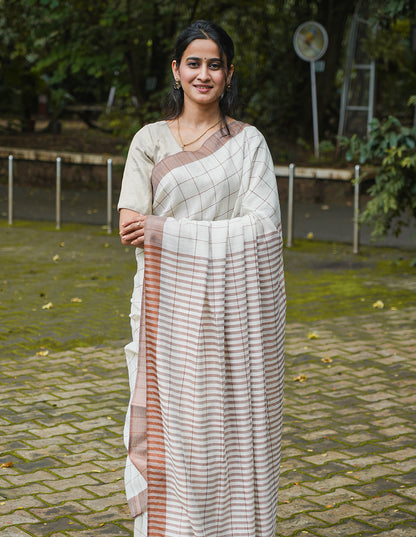 OFF-WHITE & BEIGE HANDWOVEN COTTON CHECKS SAREE