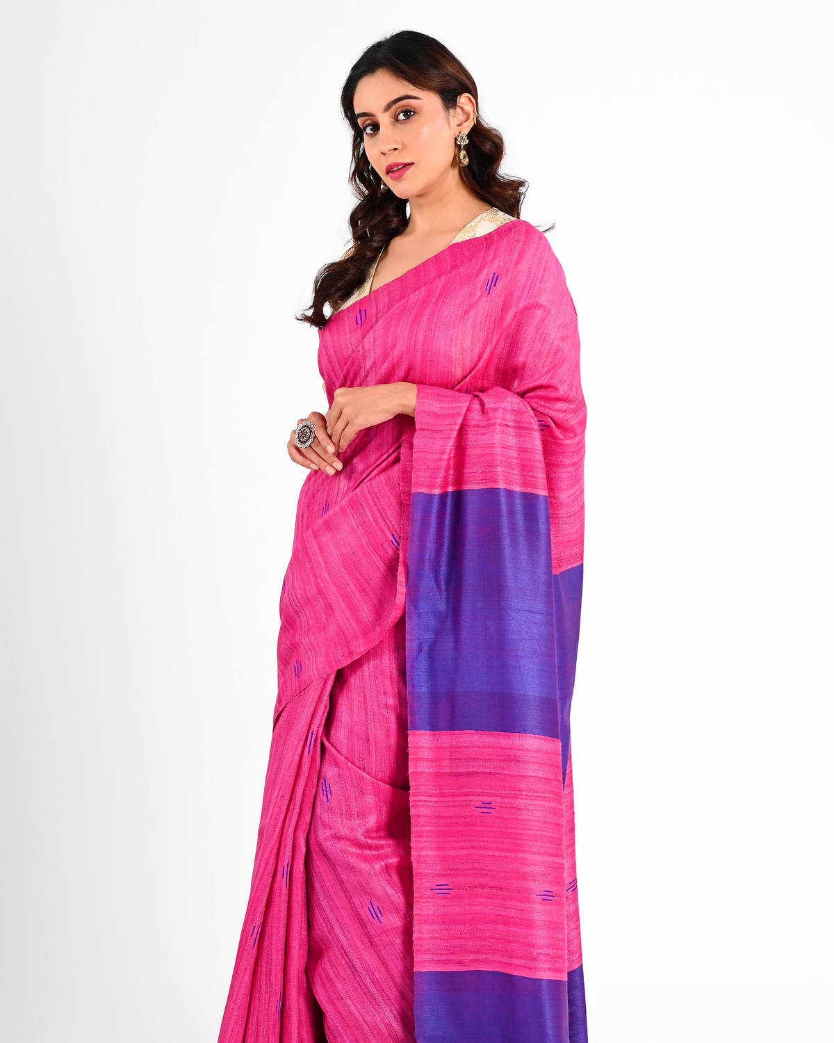 MAGENTA GHICHA SILK SAREE WITH VIOLET BORDER