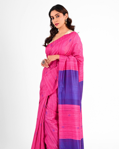 MAGENTA GHICHA SILK SAREE WITH VIOLET BORDER