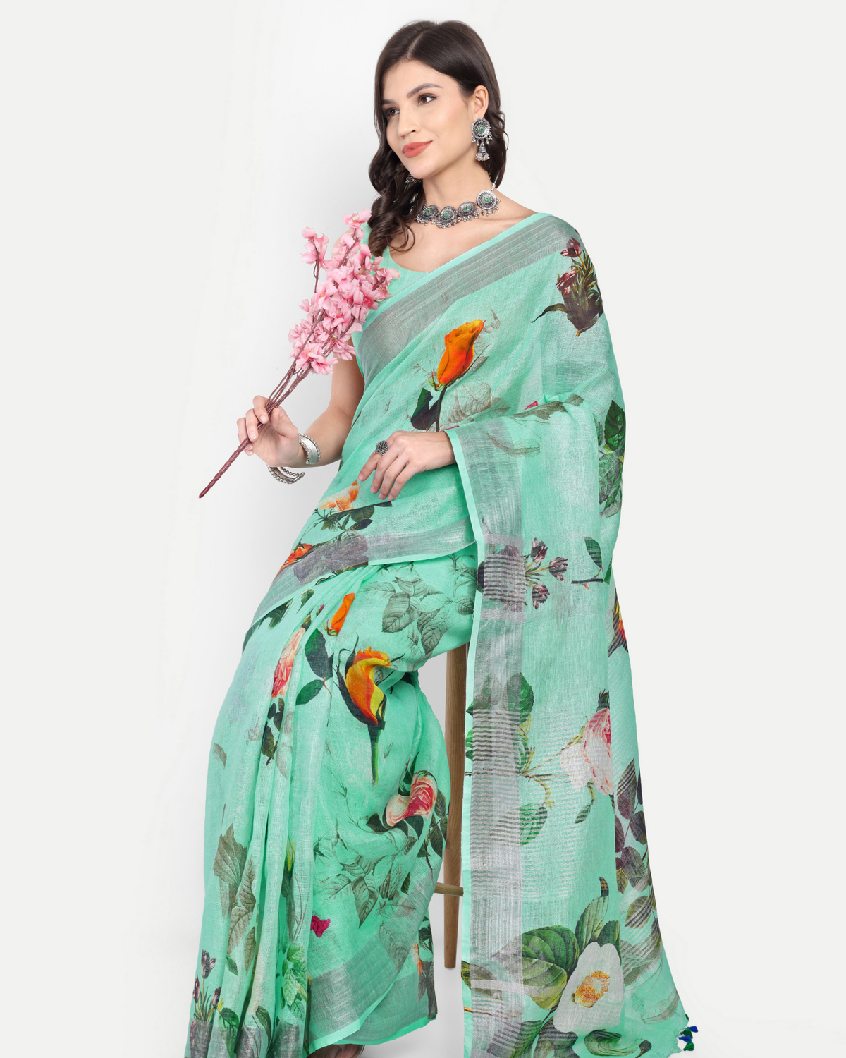 SEA GREEN FLORAL LINEN SAREE