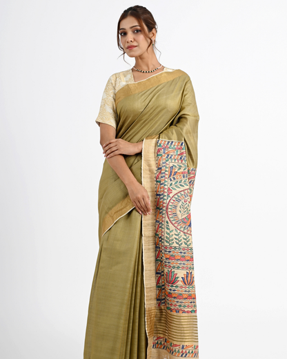 OLIVE ERI SILK SAREE WITH MADHUBANI ART