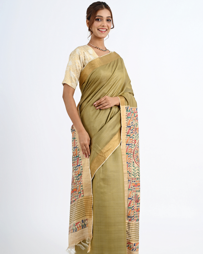 OLIVE ERI SILK SAREE WITH MADHUBANI ART