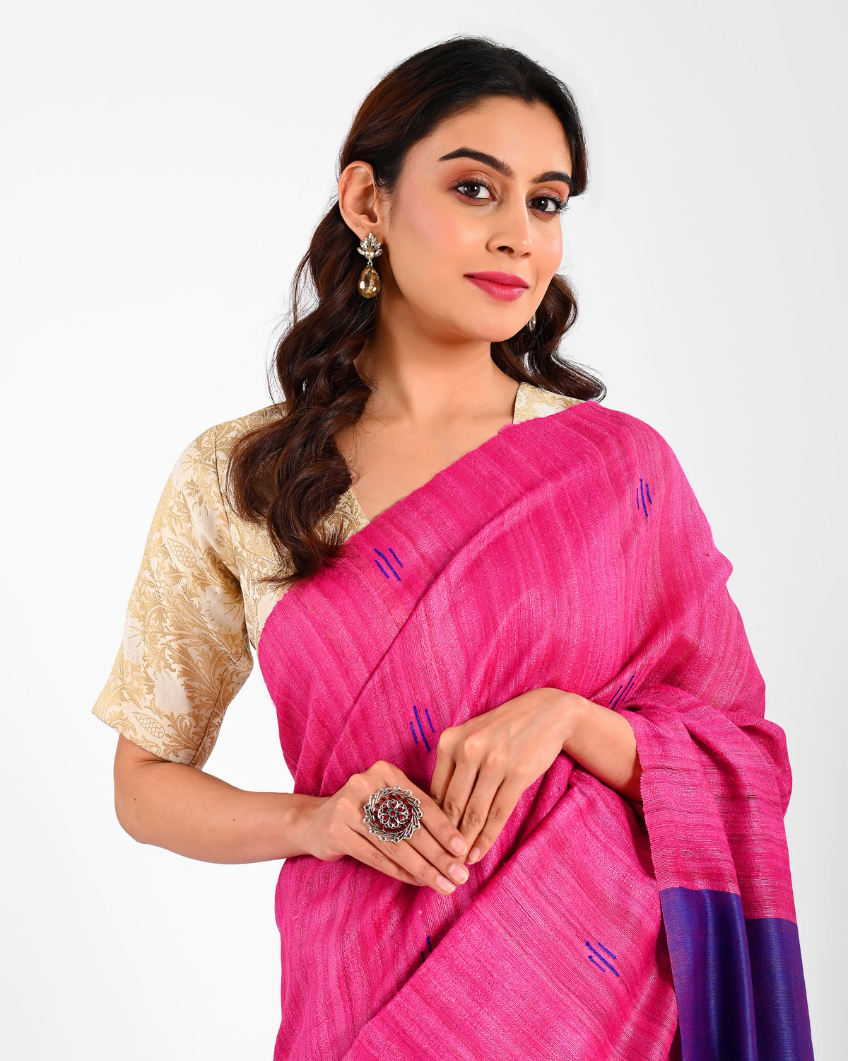 MAGENTA GHICHA SILK SAREE WITH VIOLET BORDER