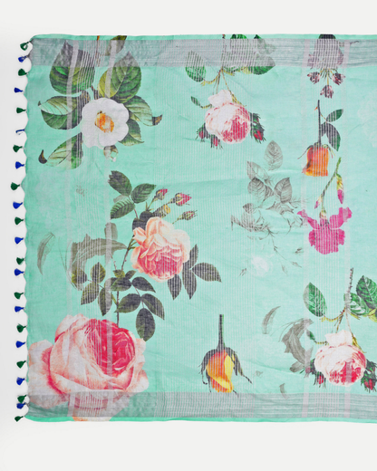 SEA GREEN FLORAL LINEN SAREE