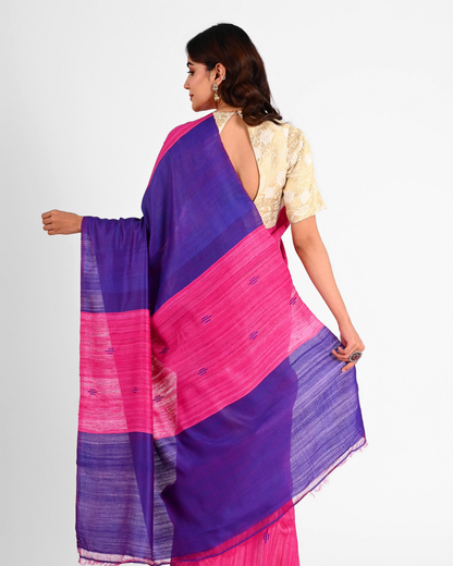 MAGENTA GHICHA SILK SAREE WITH VIOLET BORDER